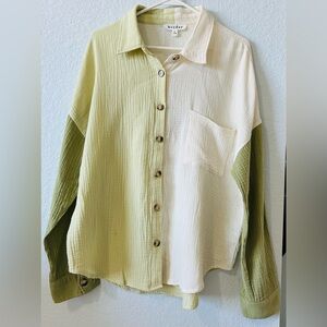 Heyday Colorblock Gauze Button Down Shirt Sage Green Cream Oversized Large